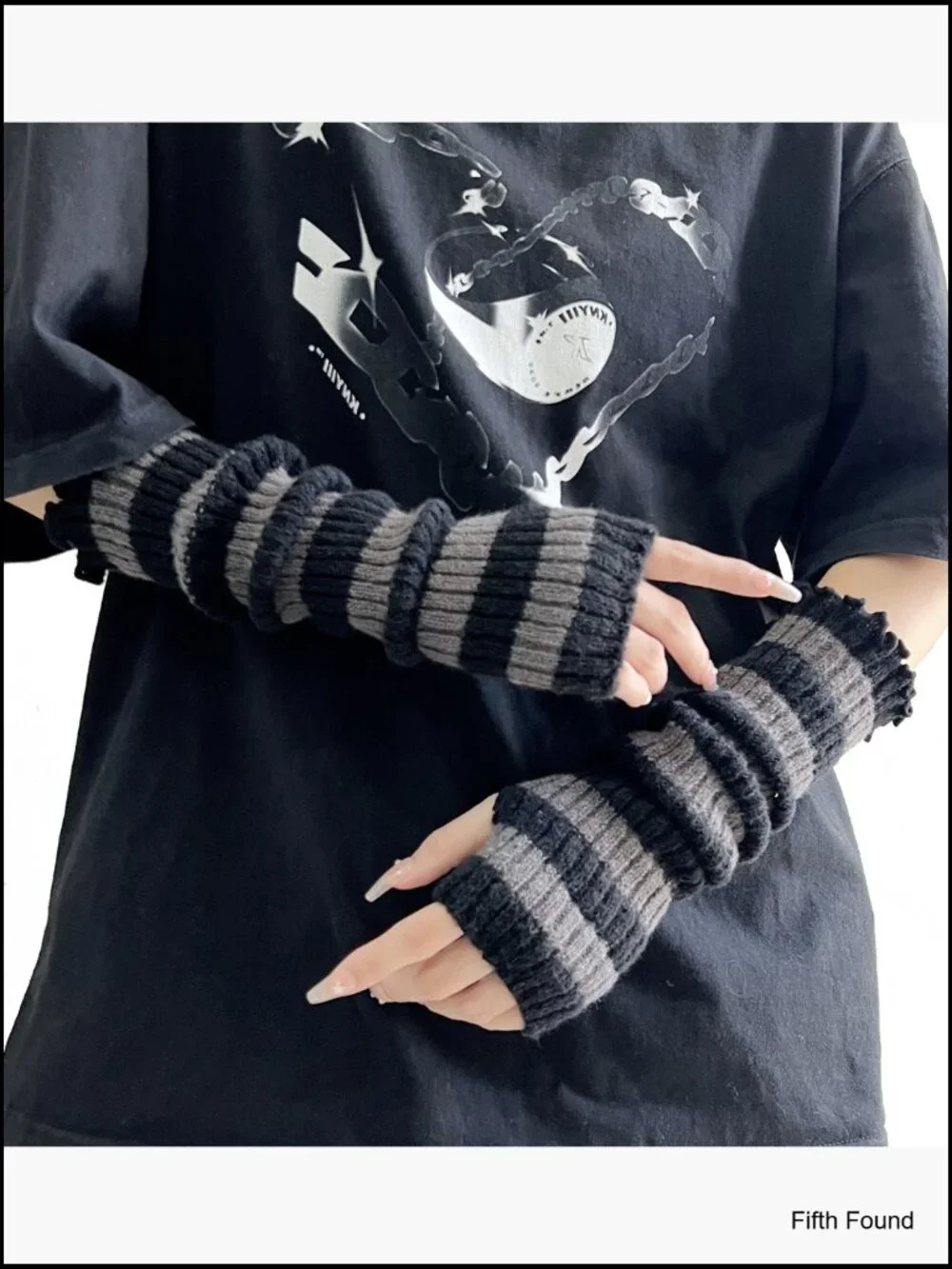 Punk Striped Knit Fingerless Arm Warmers with Thumb Hole Goth Y2k Cosplay Gloves